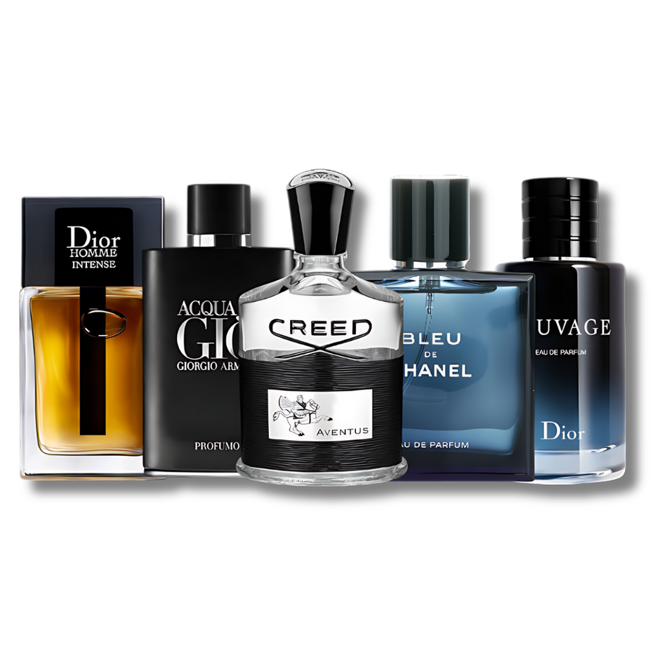 Set mit 5 Parfums: Creed Aventus, Bleu de Chanel, Dior Sauvage, Dior Homme Intense und Giorgio Armani Profumo (je 100 ml)