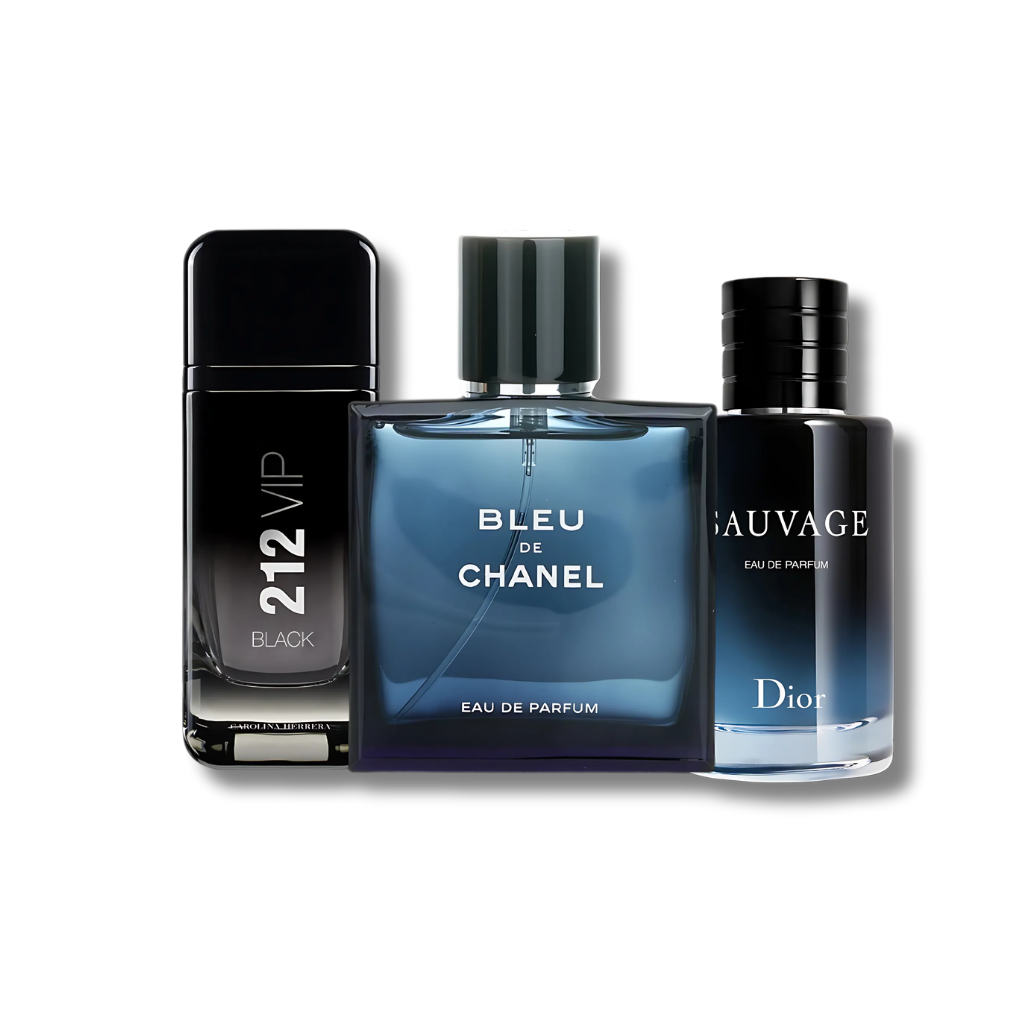 Set mit 3 Dior-Parfums: Sauvage, Bleu de Chanel und 212 VIP Black (je 100 ml).