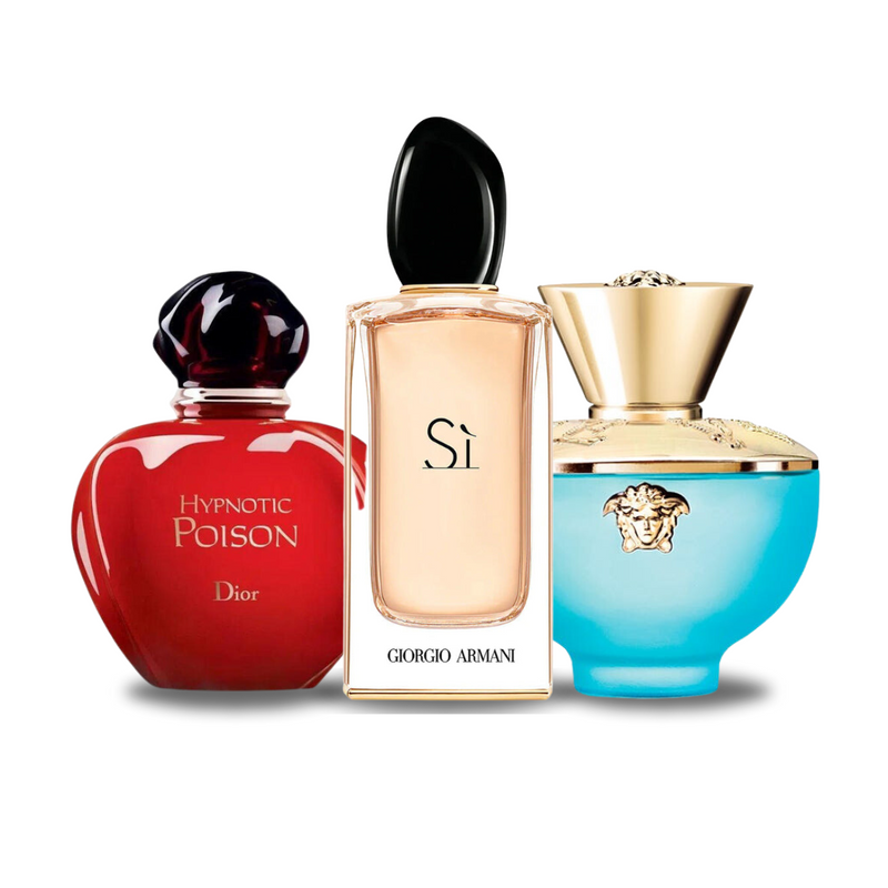 Set mit 3 Parfums: Hypnotic Poison von Dior, Sì von Giorgio Armani und Dylan Turquoise von Versace (je 100 ml).